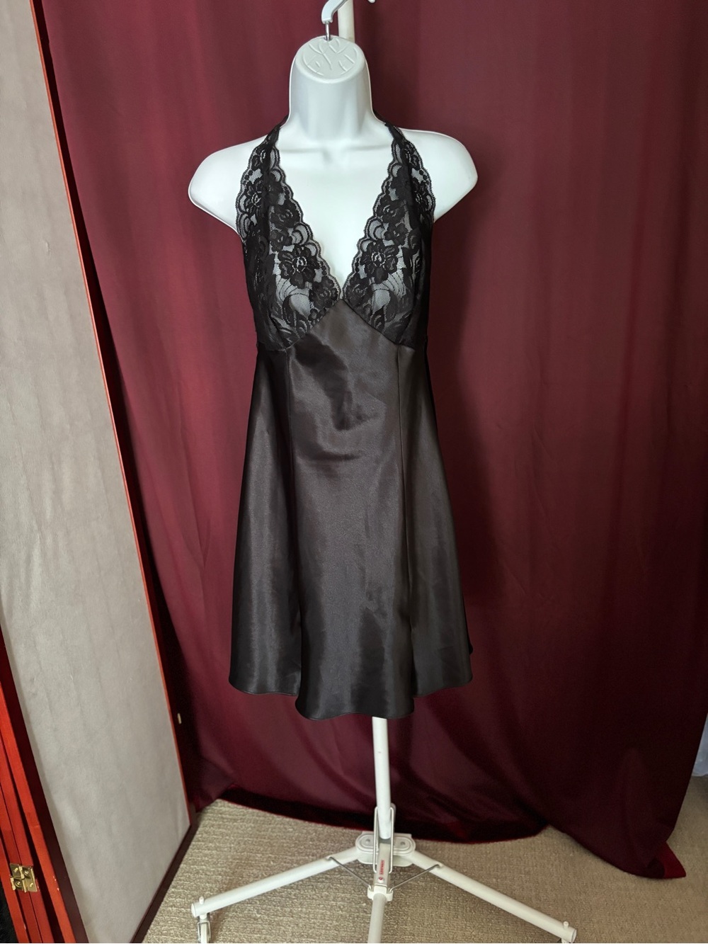Frederick's of Hollywood Black Lace Halter Satin Chemise